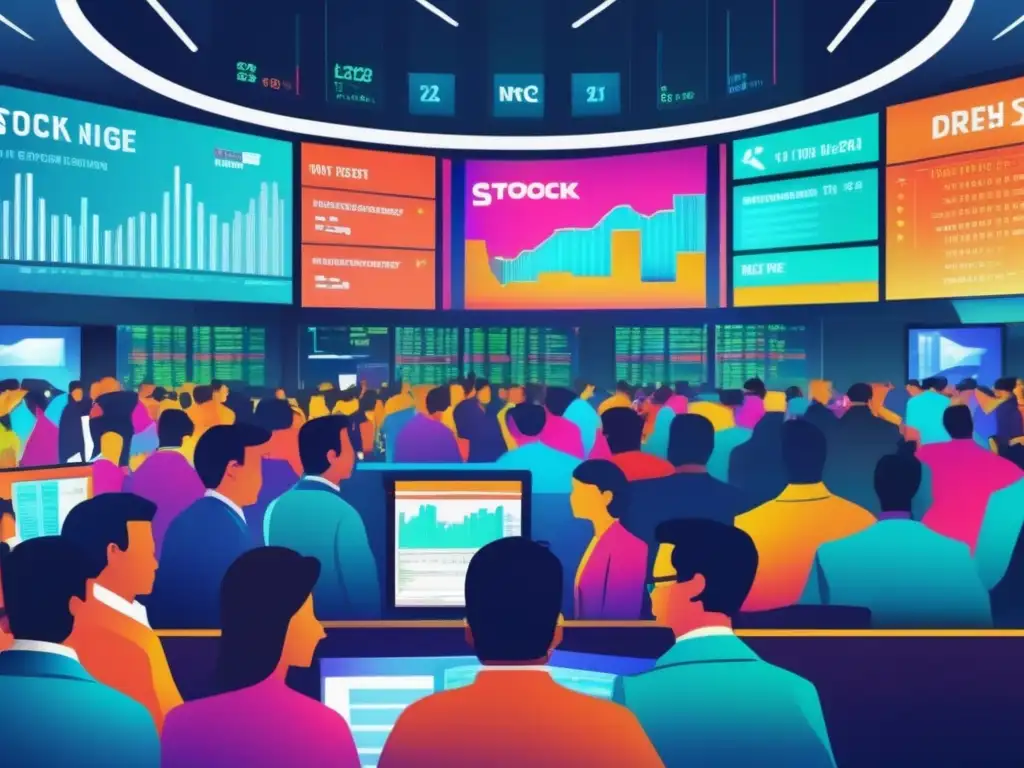 Efecto Manada en la Bolsa Escena bulliciosa en la bolsa, traders y pantallas de datos en tiempo real