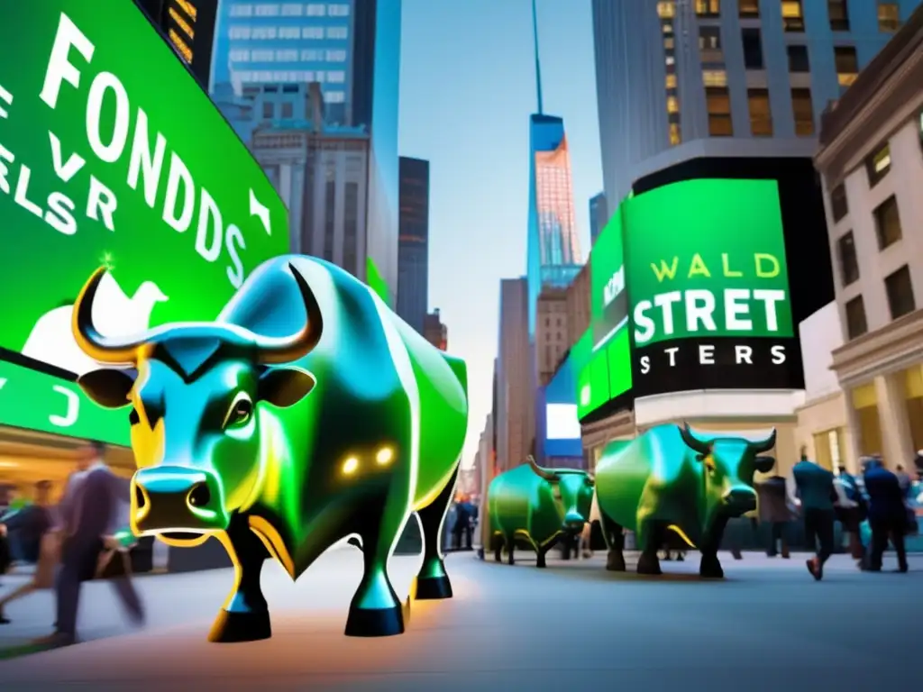 Escena vibrante de Wall Street con Escena bulliciosa de Wall Street al anochecer con rascacielos, el toro Charging Bull y