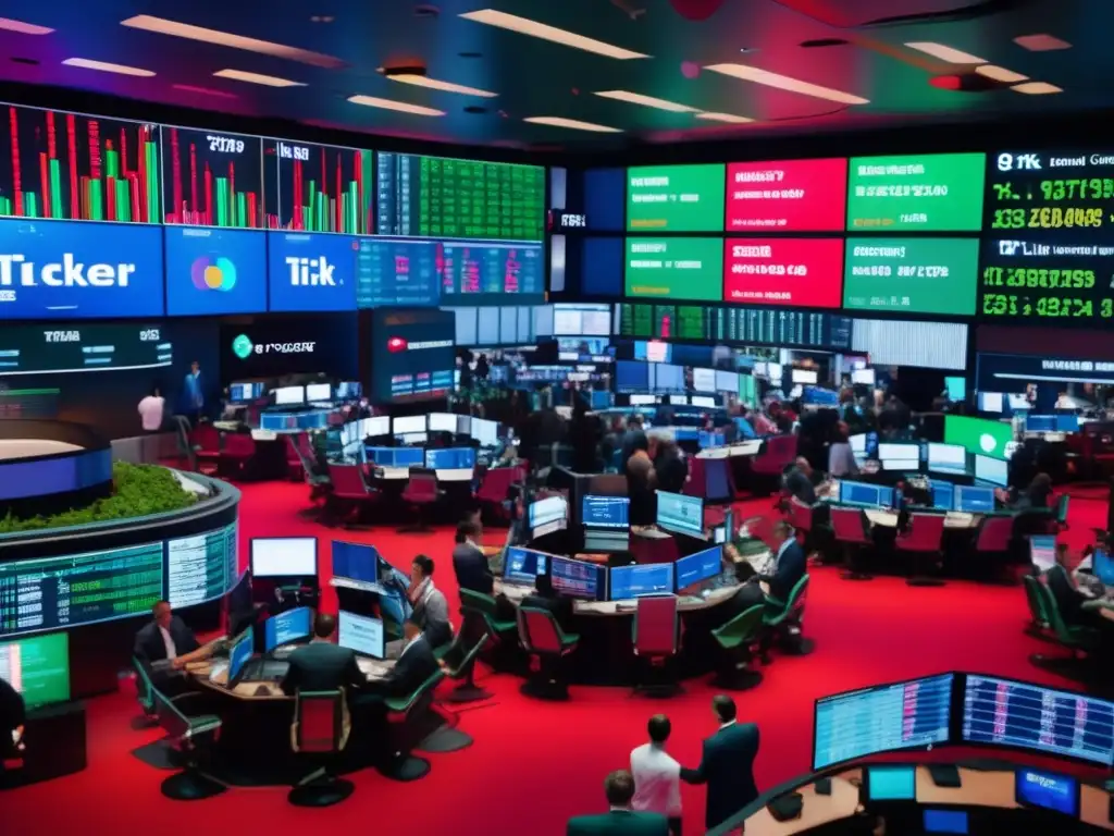 Caos en la bolsa de valores Escena caótica de mercado bursátil con traders gestando y gritando, mientras un único inversor se enfoca en estrategias emocionales (110 caracteres)