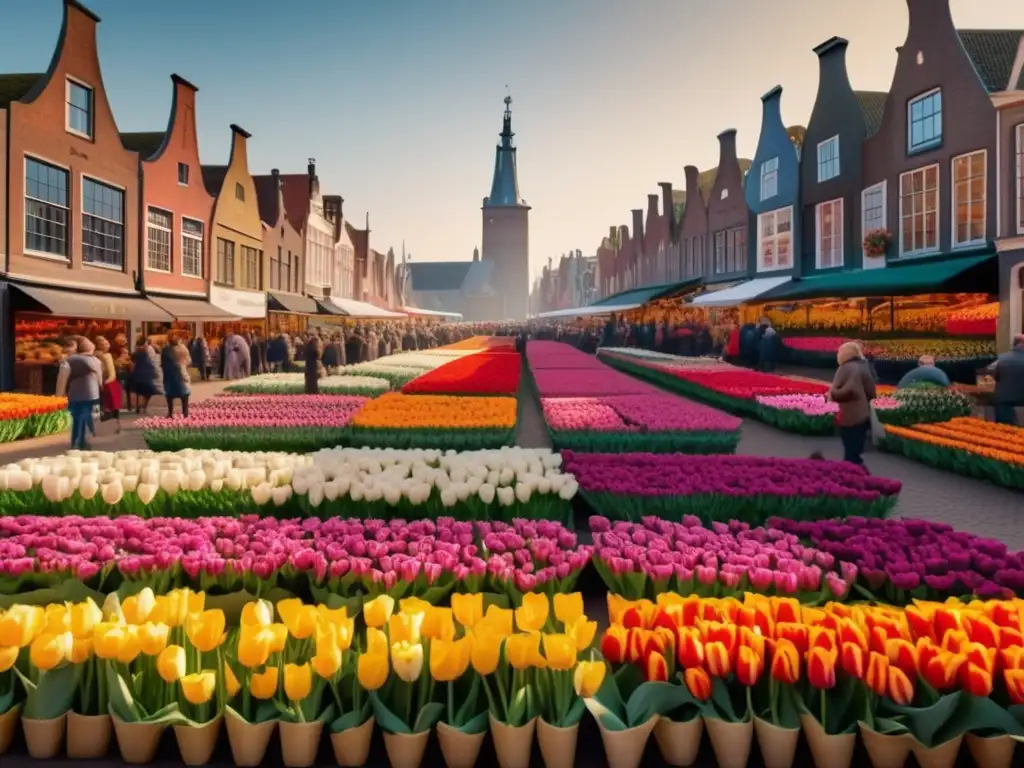 Mercado holandés en tulipomanía Escena 8k detallada de bullicioso mercado holandés durante la tulipomanía