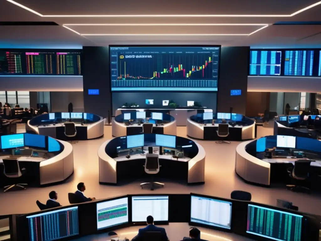 Escena financiera dinámica Escena detallada de mercado financiero con inversor y equipo analizando impacto de cambios en política fiscal