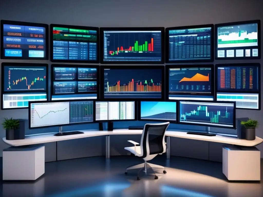 Trading desk con múltiples monitores y gráficos Escena de escritorio de trading con monitores mostrando plataformas y gráficos