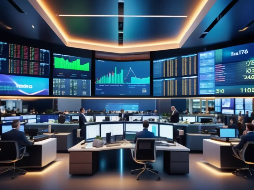 Escena frenética en una bolsa de valores Escena financiera moderna con traders en trajes, monitoreando pantallas con precios y gráficos de acciones en tiempo real