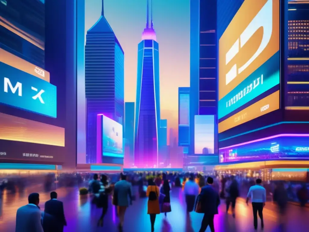 Escena financiera futurista con rascacielos y traders Escena financiera con rascacielos futuristas y vibrante mercado, resaltando la importancia de la política monetaria