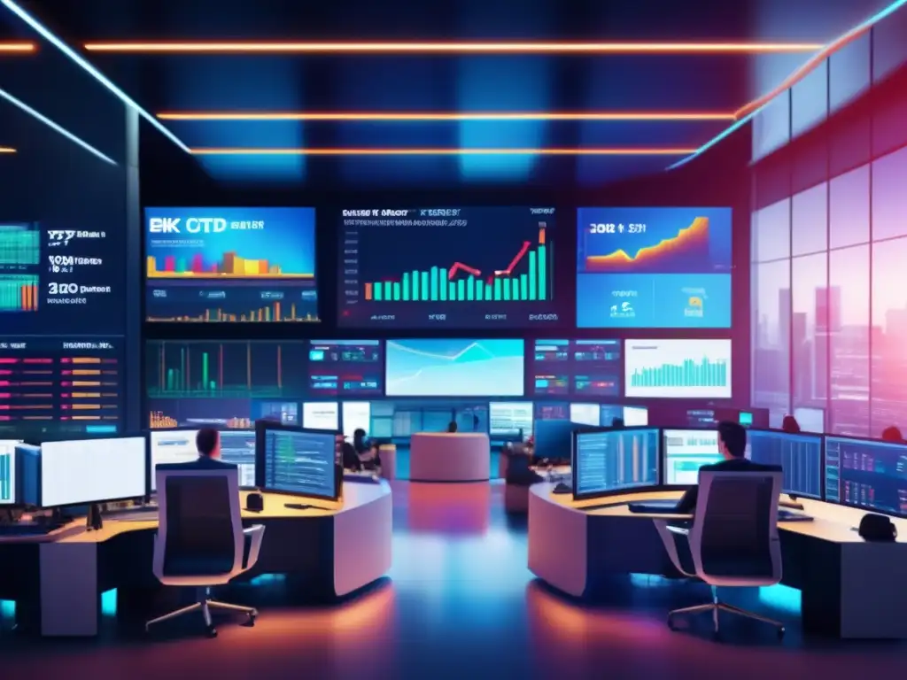 Escena vibrante de un mercado financiero en 8k Escena financiera con traders enfocados en monitores y gráficos coloridos que ilustran tendencias de mercado