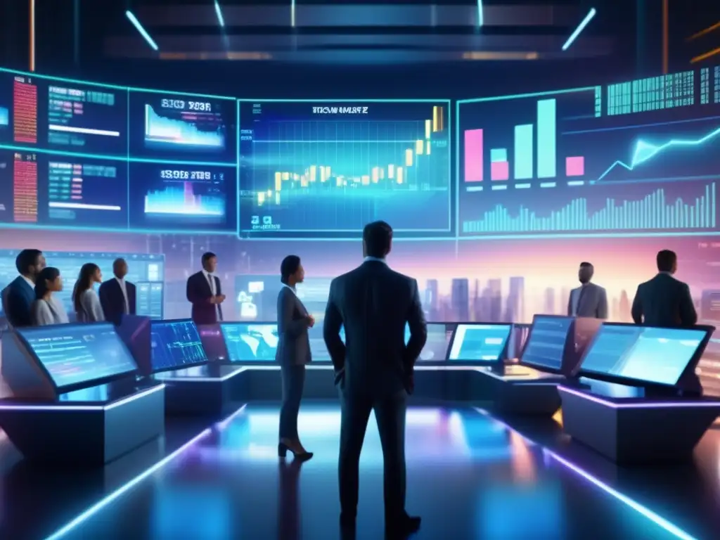 Futuro del mercado bursátil Escena futurista de la bolsa con traders analizando datos y utilizando tecnología avanzada
