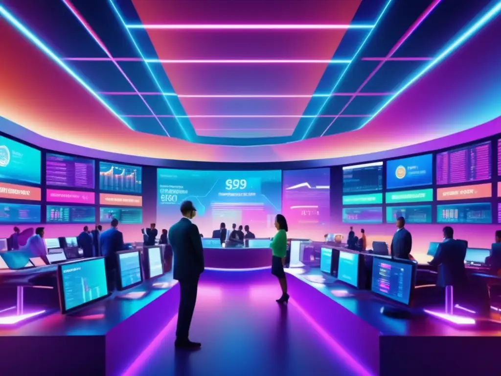 Futuro financiero: Integración tecnológica y oportunidades Escena futurista del mercado financiero con elementos tradicionales y digitales