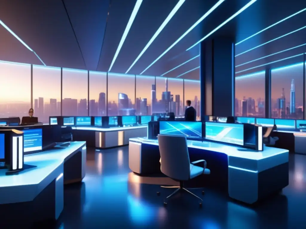Futuro trading floor con IA Escena futurista de trading con redes neuronales algorítmicas