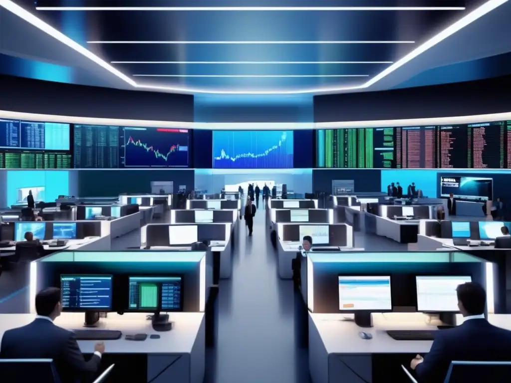 Traders en acción en mercado financiero Escena de mercado financiero global con acciones financieras internacionales