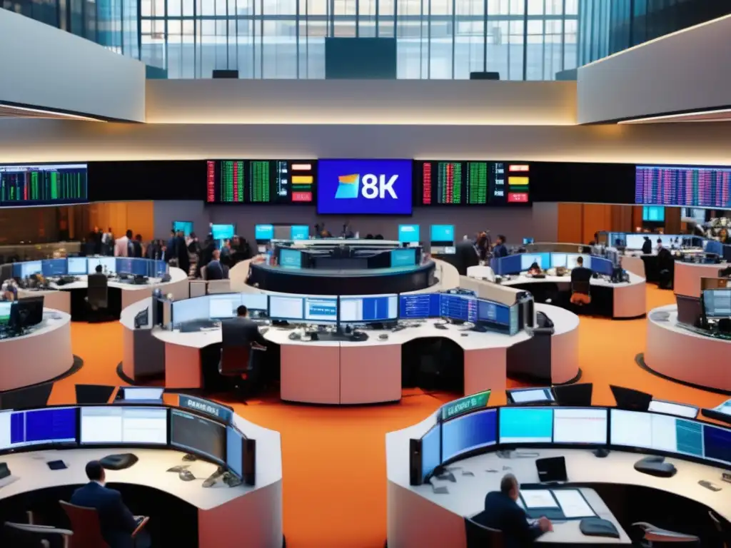 Piso de bolsa con traders en acción Escena de mercado financiero con inversores y traders en trajes elegantes y con distintivos