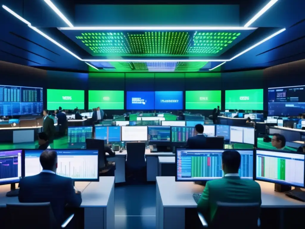 Traders profesionales en una sala de operaciones Escena de un mercado financiero moderno con traders profesionales en sus estaciones de trabajo tecnológicas