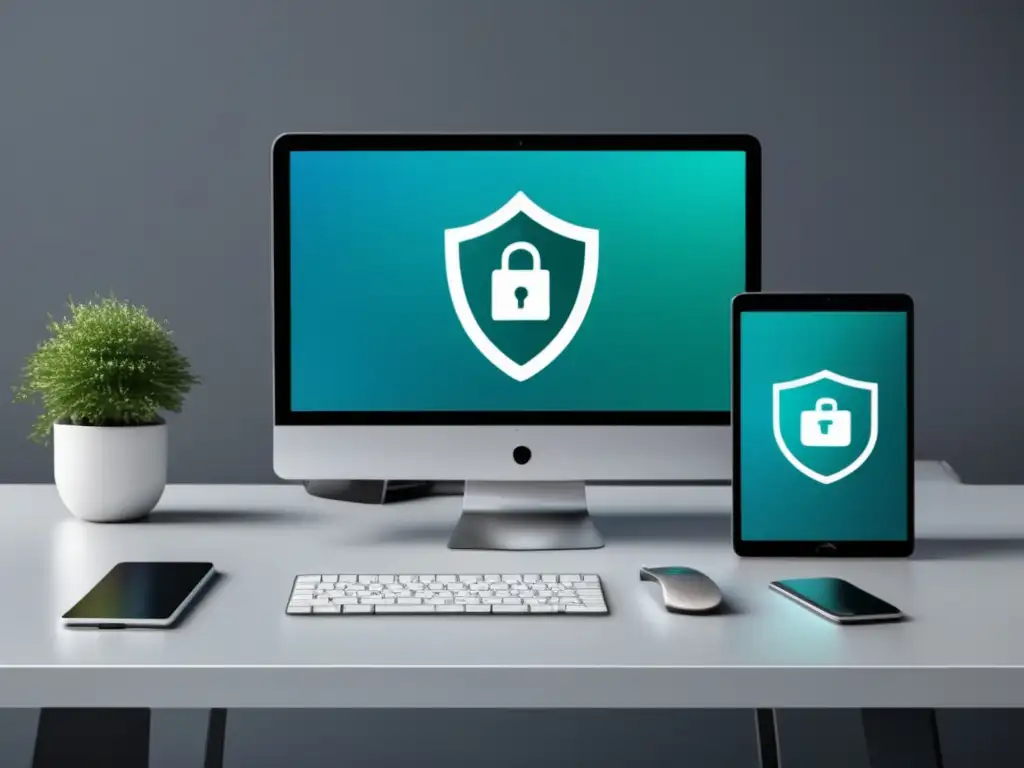 Oficina segura y actualizada Escena de oficina moderna con dispositivos seguros mostrando ciberriesgos en inversiones financieras