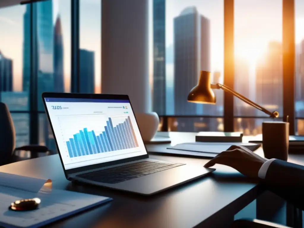 Oficina moderna con documentos financieros y laptop Escena de oficina moderna con escritorio desordenado, documentos financieros, gráficos y laptop que muestra carteras de inversión