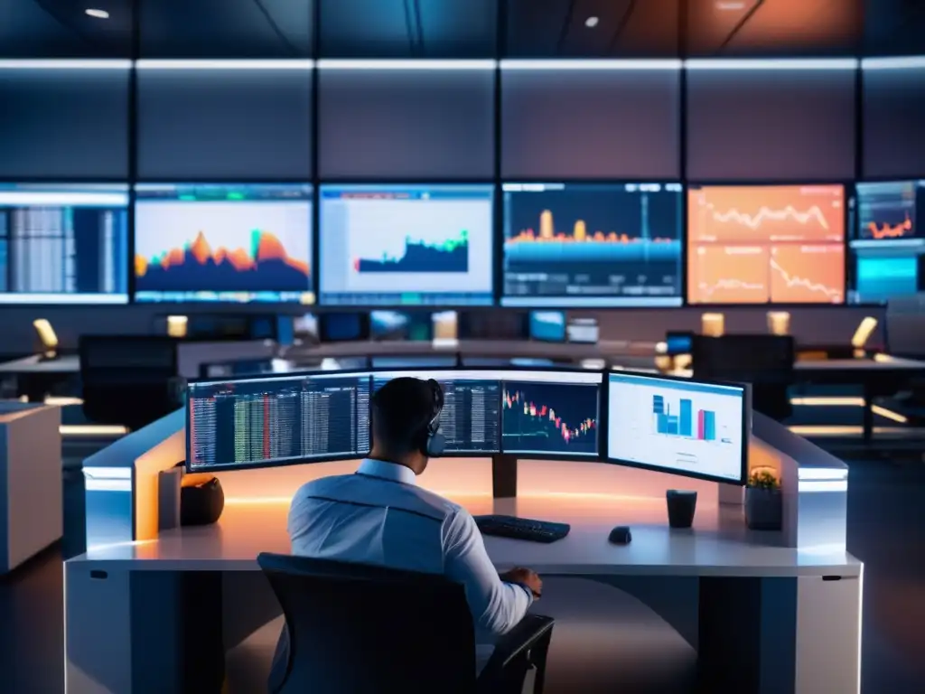 Trading desk moderno y sofisticado Escena de oficina moderna con tecnología avanzada y trader analizando datos - Estrategias de inversión a corto plazo