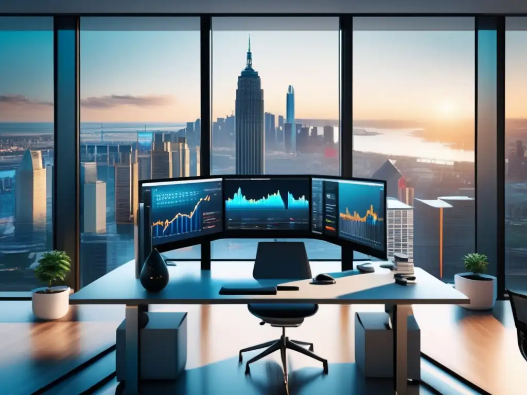 Oficina moderna y profesional con vista a la ciudad Escena profesional de oficina con vista a una ciudad, estrategias de inversión en noticias