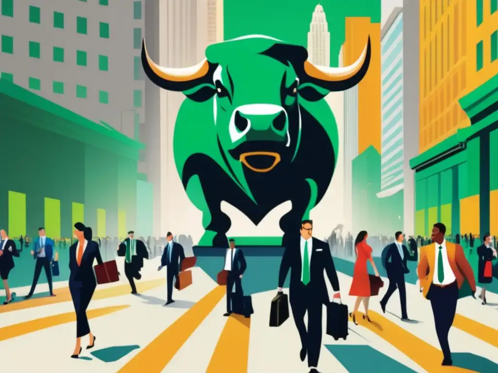 Escena de Wall Street con fondos verdes Escena de Wall Street con profesionales y el toro de Wall Street, simbolizando fondos verdes y tendencia
