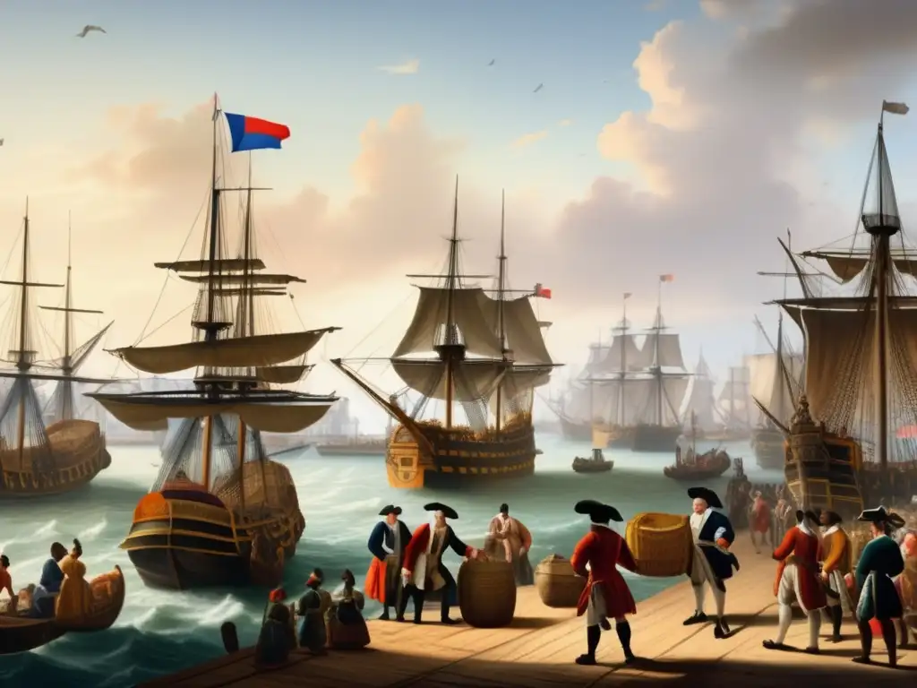 Puerto bullicioso del siglo XVII Escena del puerto en el siglo XVII, comercio de la Compañía de las Indias Orientales, con barcos, mercancías y arquitectura holandesa