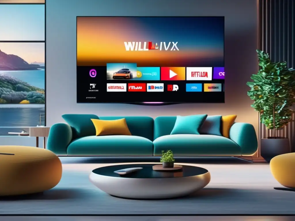 Sala de estar moderna con televisión de streaming Escena de sala moderna con TV montada en pared y logotipos de plataformas de streaming
