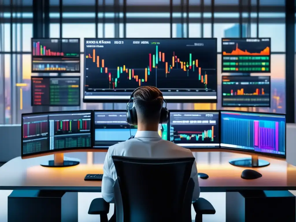 Escena de trading moderna y elegante Escena de trading diario con escritorio moderno y elegante, datos de mercado en tiempo real y gestión de riesgos