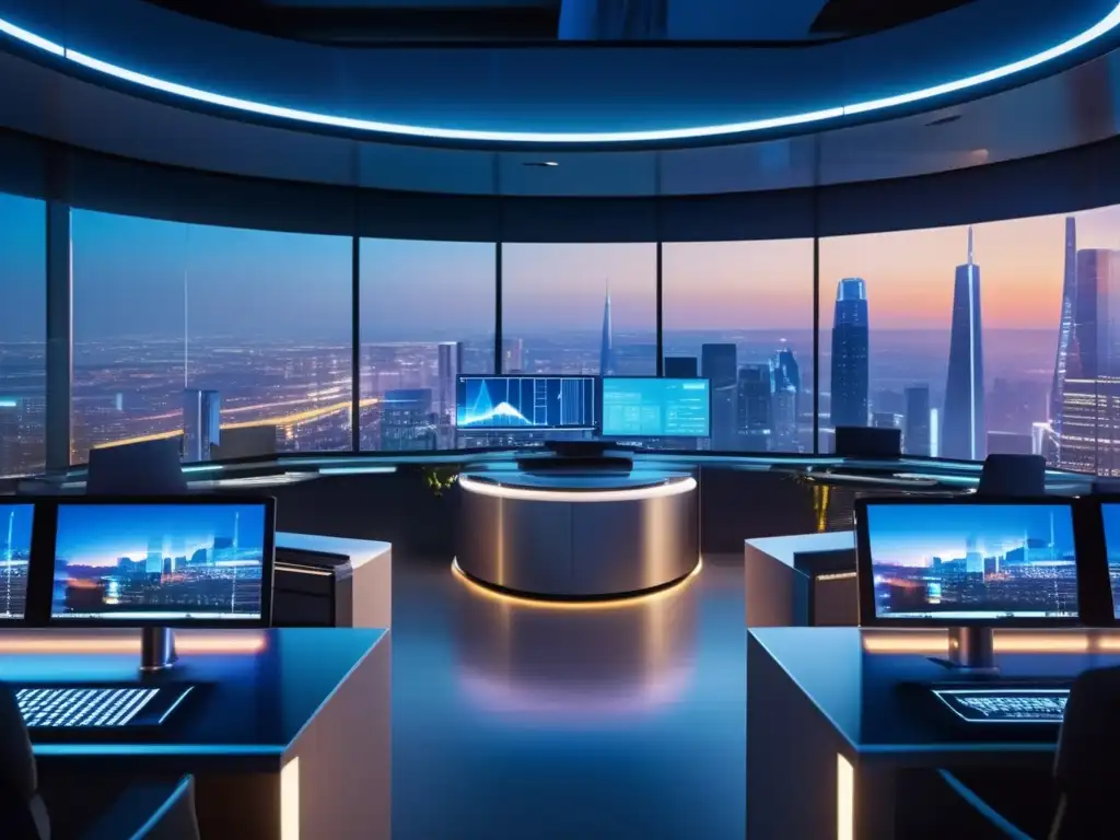 Futuro trading floor con vista panorámica Escena de trading futurista con bot, traders y monitores - Mejores prácticas monitoreo y ajuste bot trading