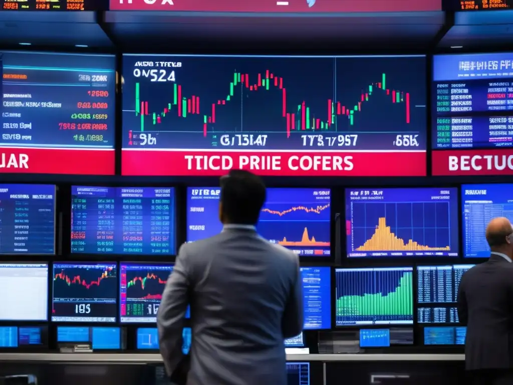 Traders en piso de trading de commodities Escena de trading de commodities con traders en trajes de negocio, gráficos y fluctuaciones de precios - Invertir en commodities rentables