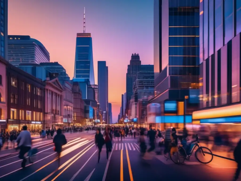 Calle urbana animada al anochecer Escena urbana al atardecer con energía vibrante de una ciudad moderna y diversidad arquitectónica