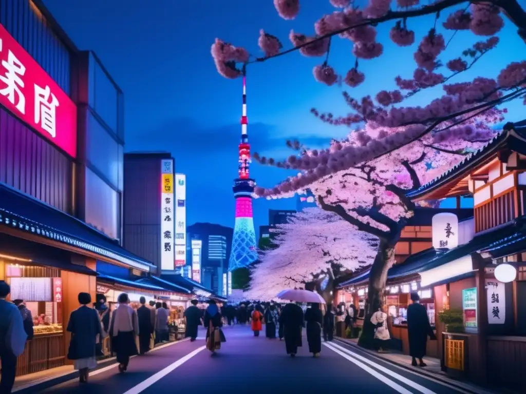 Escena bulliciosa en Tokio, Japón Escena urbana en Tokio, Japón: vibrante y moderna con luces neón, rascacielos, kimonos y té japonés