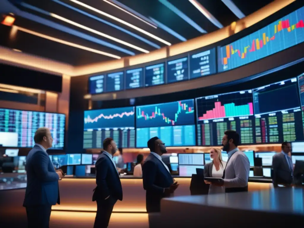 Traders en piso bursátil con pantallas y gráficos Escena vibrante de la bolsa con traders y pantallas mostrando datos financieros - Políticas monetarias y inversiones