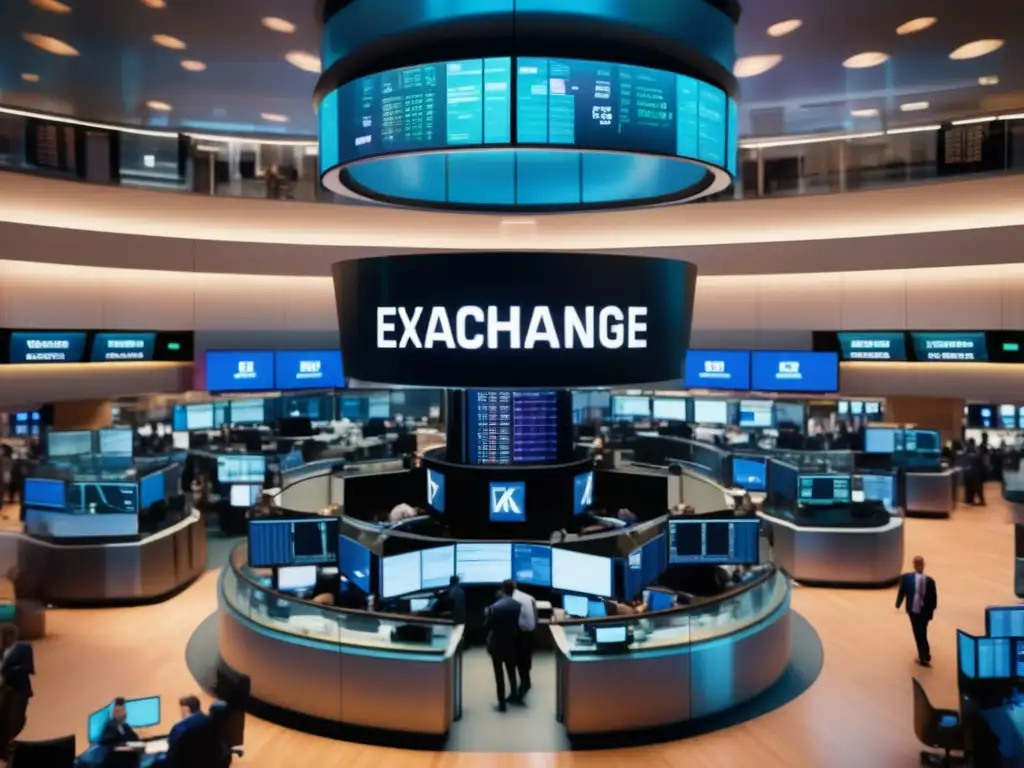 Piso de bolsa moderno con traders y pantallas Escena vibrante de una bolsa de valores con arquitectura moderna, traders y datos financieros en tiempo real