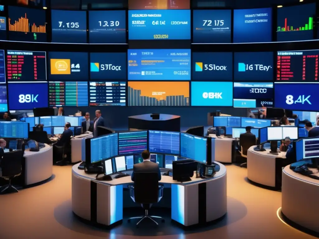 Bolsa de valores llena de traders y pantallas de datos Escena vibrante de la bolsa de valores con traders, gráficos y arquitectura moderna - Estrategias de diversificación de inversiones