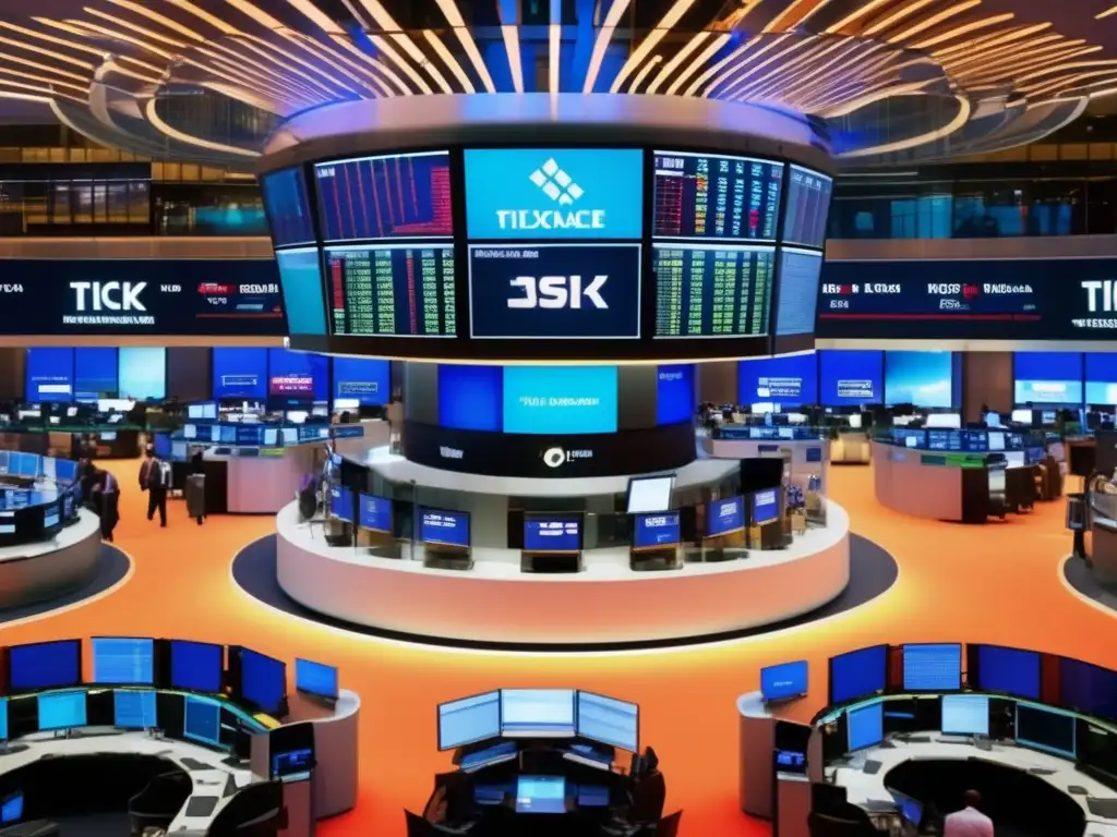 Timing del mercado y psicología de inversión a largo plazo Escena vibrante de la bolsa de valores con arquitectura moderna, traders en acción y datos en tiempo real