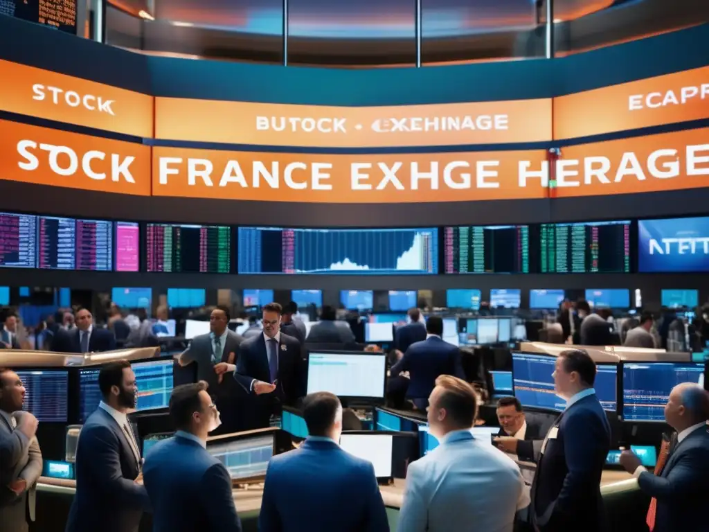 Bolsa de valores llena de traders en acción Escena vibrante de una bolsa de valores llena de traders en trajes gestionando órdenes y discutiendo estrategias (Lecciones inversiones GameStop)