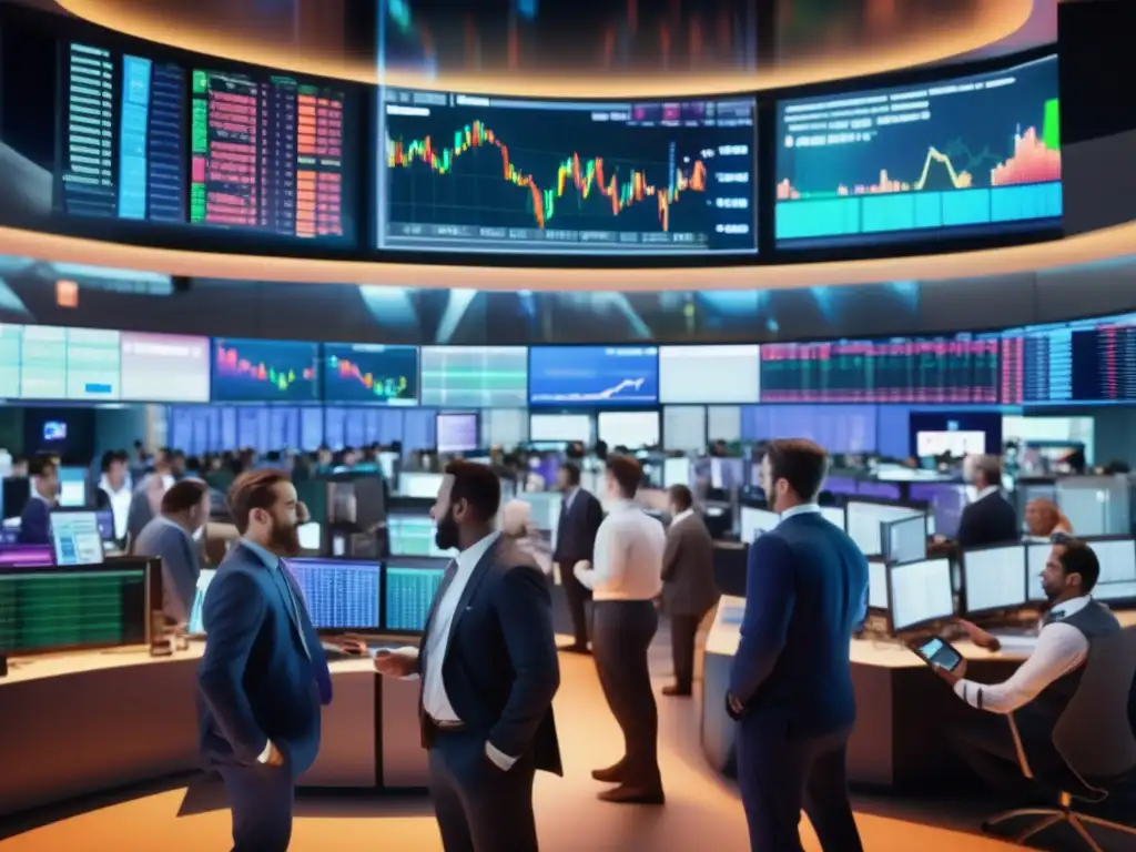 Bullicioso mercado de valores: Traders modernos y energía electrificante Escena vibrante de la bolsa de valores con traders modernos analizando datos en tablets y smartphones