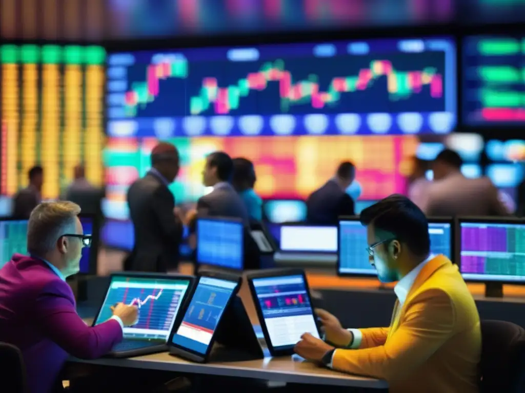 Mercado bursátil vibrante y dinámico Escena vibrante de la bolsa de valores con traders y datos en tiempo real