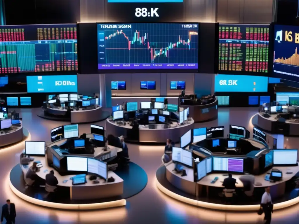 Piso de bolsa moderno y vibrante Escena vibrante de la Bolsa de Valores con traders analizando gráficos y resaltando la importancia de la liquidez en inversiones