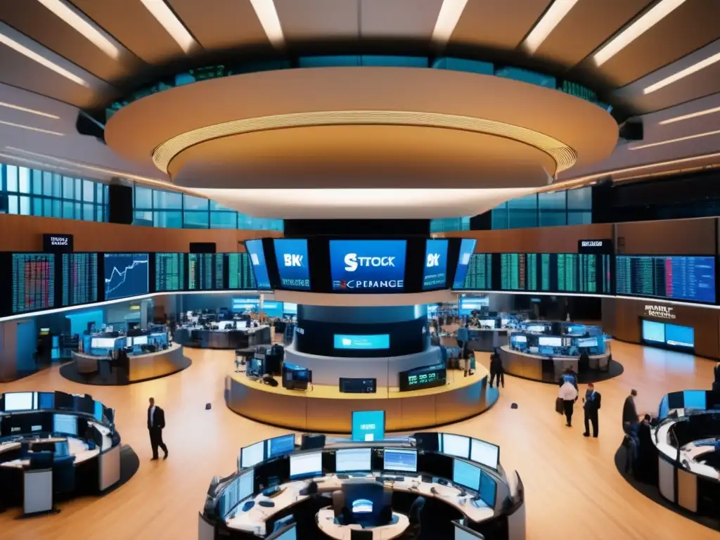 Traders en piso de bolsa Escena vibrante de una bolsa de valores llena de traders y monitores, reflejando el impacto de las políticas monetarias en el mercado de valores