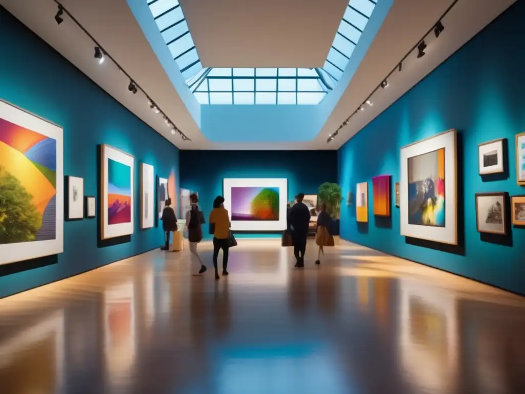 Escena vibrante de una galería de arte Escena vibrante y colorida en galería de arte, apoyando a artistas emergentes