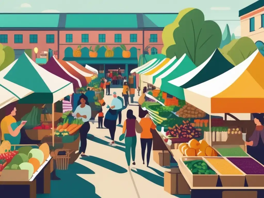 Mercado de alimentos vegetales vibrante y sostenible Escena vibrante de un mercado agrícola con alimentos plantbased rentables