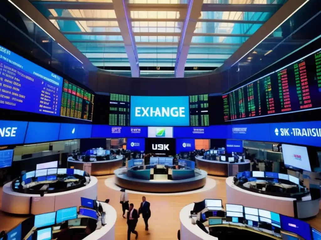 Piso de bolsa vibrante y moderno Escena vibrante de mercado bursátil con opciones y futuros financieros