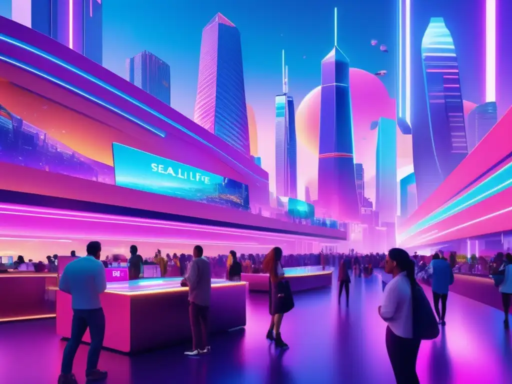 Futuro mercado digital vibrante con NFTs Escena vibrante de un mercado digital futurista en 8k, con colores neon y displays holográficos