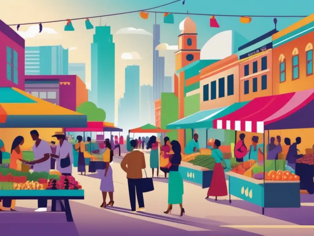 Mercado vibrante y diverso Escena vibrante de un mercado con emprendedores locales y desarrollo urbano - Empoderamiento financiero a través de microcréditos