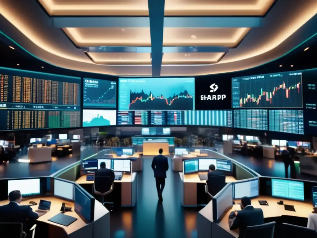 Mercado financiero global en acción Escena vibrante de un mercado financiero global, con traders en trajes elegantes y actividad frenética