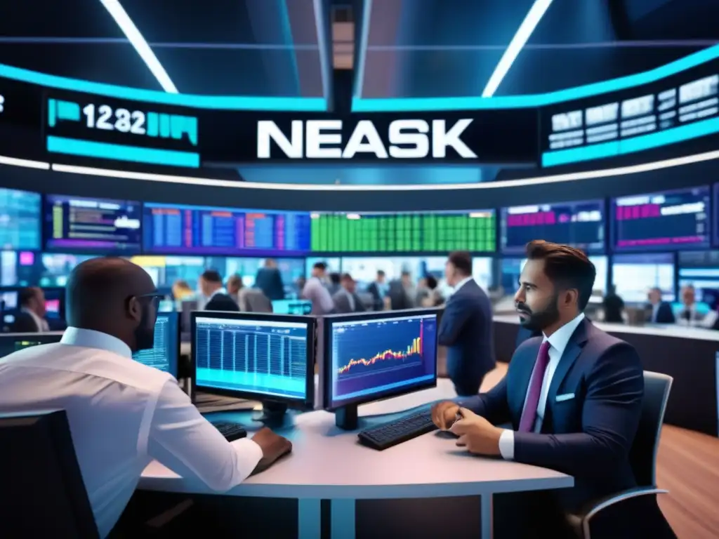 Traders en acción en mercado financiero Escena vibrante en un mercado financiero moderno con traders, pantallas de datos en tiempo real y noticias