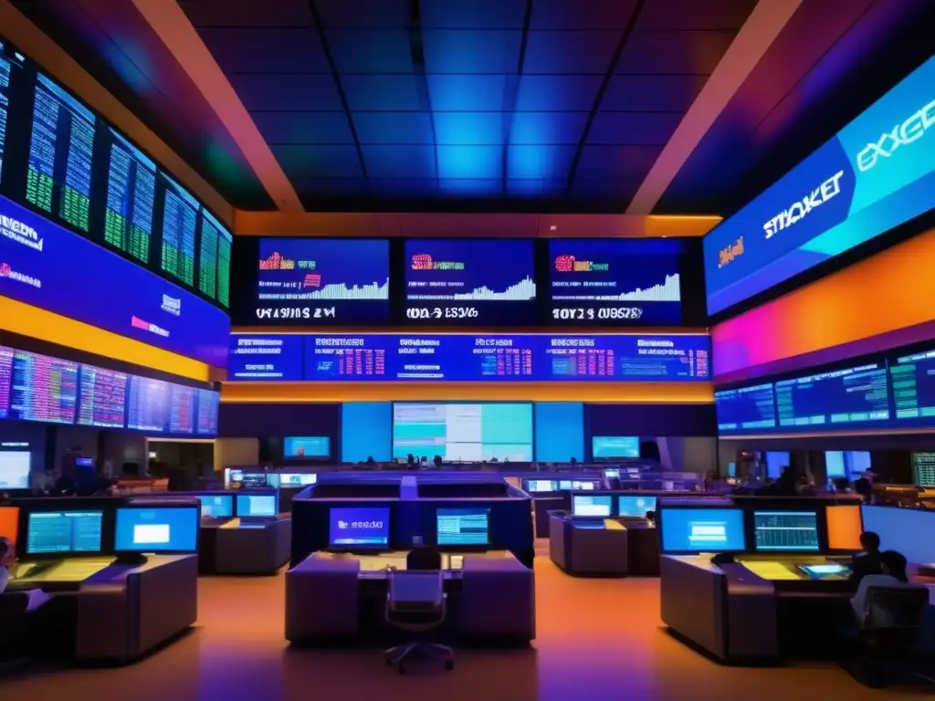 Traders en el bullicioso mercado bursátil Escena vibrante y moderna de traders en la Bolsa, proyectando profesionalismo e innovación