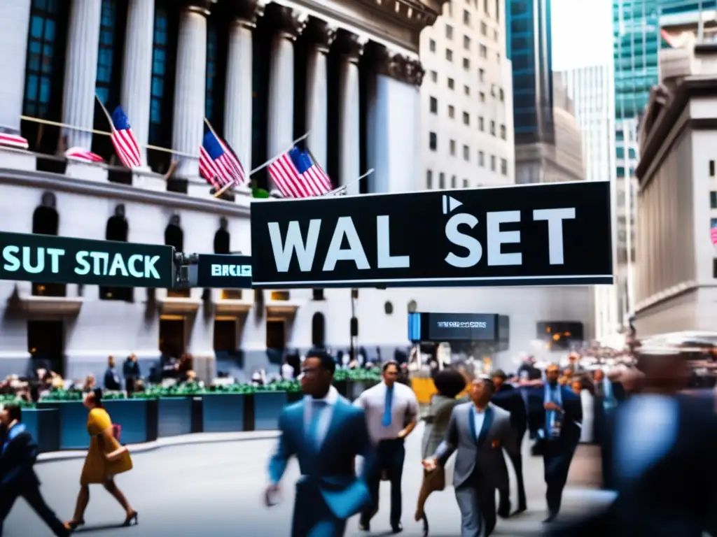Wall Street durante el día: energía y dinamismo Escena vibrante de Wall Street, con rascacielos icónicos y traders apresurados
