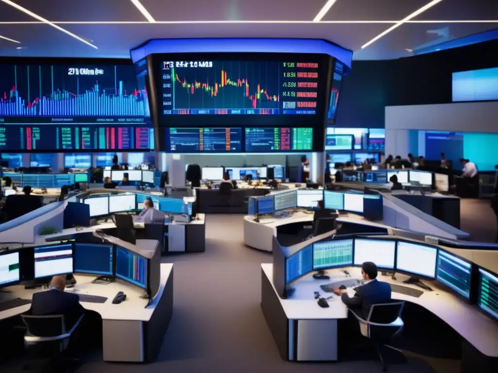 Traders en piso de bolsa con gráficos y pantallas Escena vibrante de traders en una sala de operaciones, con gráficos y discusiones intensas
