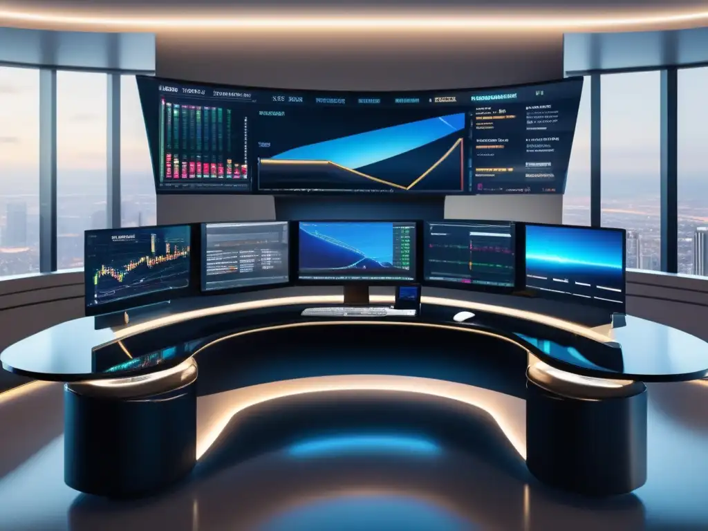 Moderno escritorio de trading con tecnología sofisticada Escenario de trading moderno con escritorio de mármol negro, monitor curvo grande con datos en tiempo real y luces LED azules