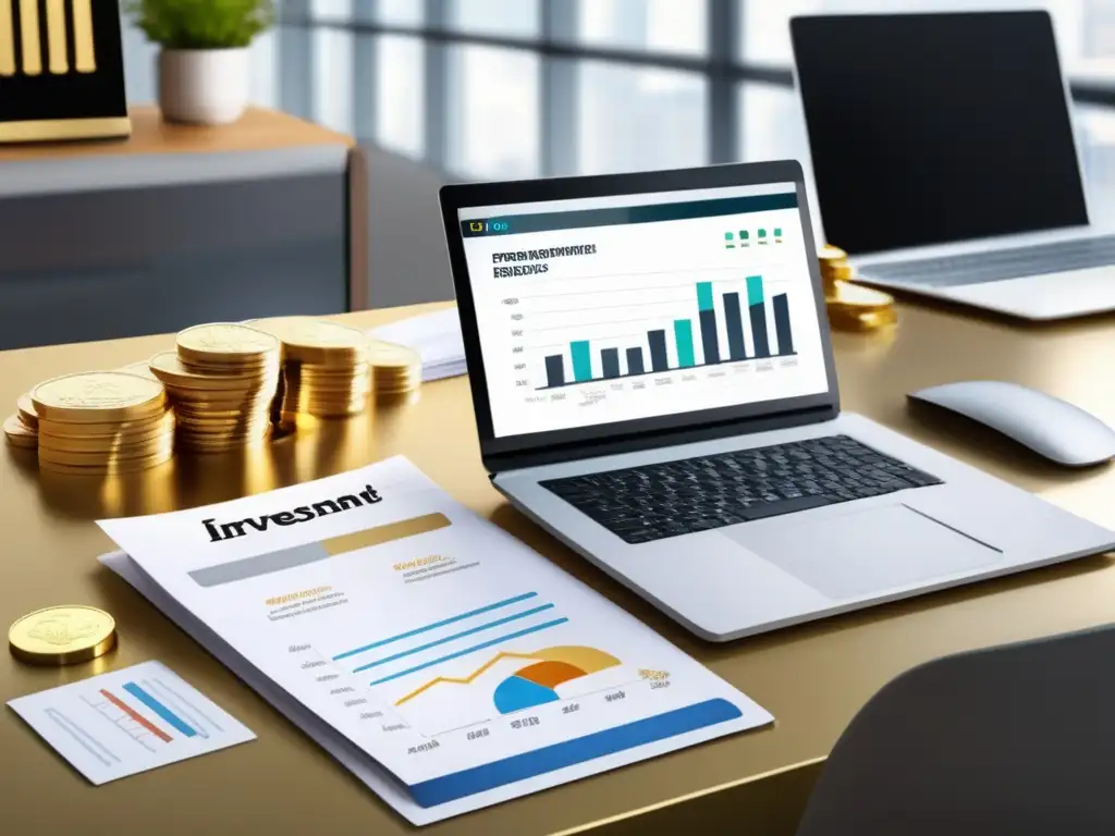 Escritorio de oficina moderno con documentos y oro Escritorio moderno con documentos y gráficos de estrategias fiscales e inversiones en metales preciosos
