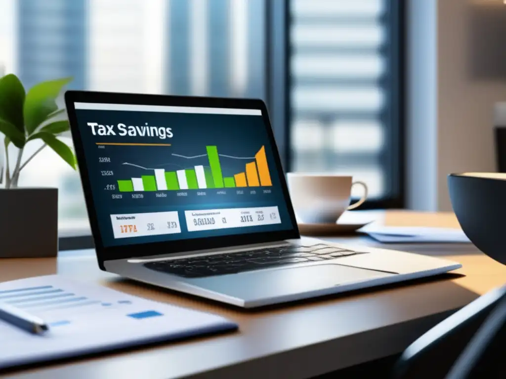 Oficina moderna con escritorio organizado y documentos financieros Escritorio moderno con laptop, calculadora y documentos financieros