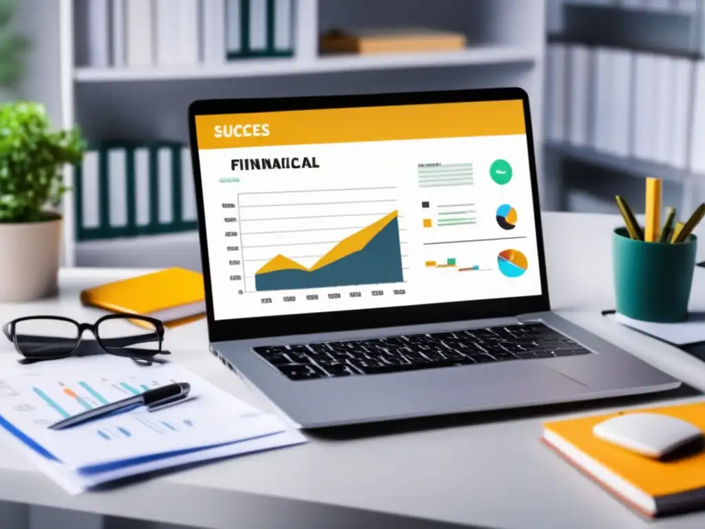 Escritorio moderno con laptop y recursos financieros Escritorio moderno con laptop mostrando gráfica financiera, recursos educativos y símbolos de éxito y mitos financieros